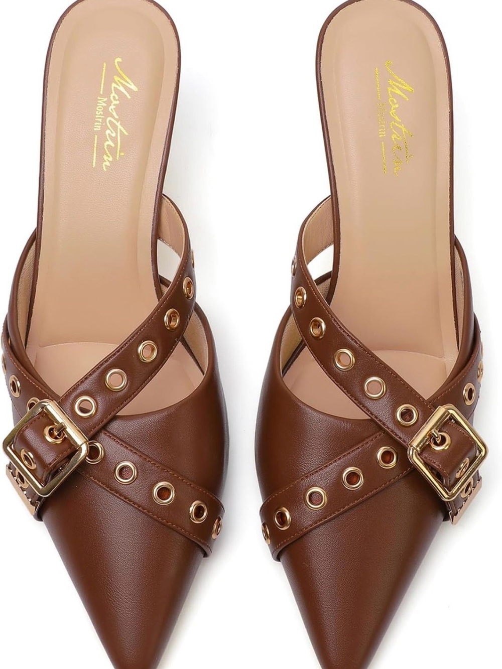 Massimo Brown Pointed-Toe Buckle kitten heels with Gold Accents